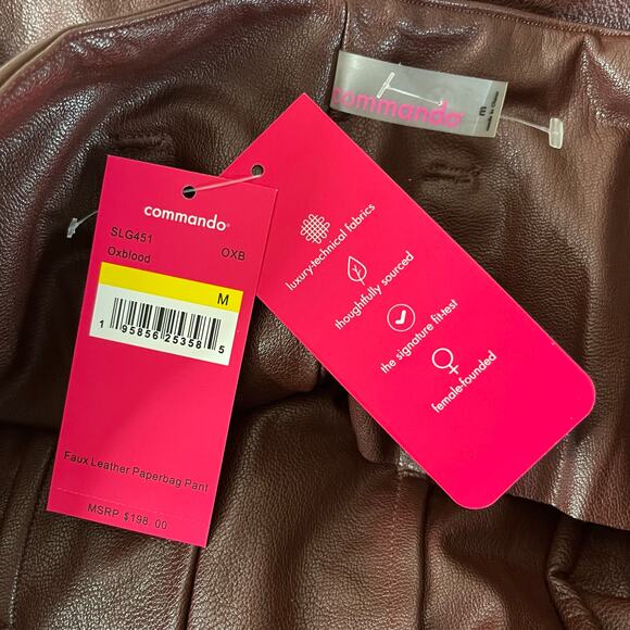 Commando Brown Faux Leather Paperbag Waist Pants NWT Medium Oxblood Color Lined - Picture 11 of 15